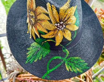 Sunflower Painting Hat,  Beach Straw Hat, Summer Hats, Sunflower Hand Painted Black Hat, hand painted Hats