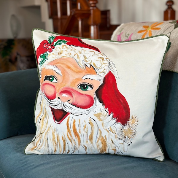 Santa Claus Beige Colored Linen Hand Painted Pillow Case, Red St. Nicholas Hand Dyed Beige Linen Pillow Cases
