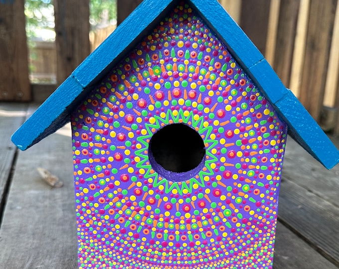 Handbemaltes lila und blaues Vogelhaus aus Holz