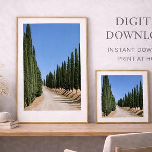 Puede incluir: Dos impresiones enmarcadas de una carretera bordeada de altos árboles verdes bajo un cielo azul claro. Las impresiones están sobre una mesa de madera con un jarrón de flores blancas, una taza y libros. El texto dice "DESCARGA DIGITAL".
