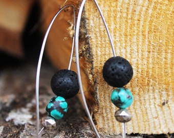 Lava + Turquoise Modern Stack Earrings - NC Great Smoky Mountains, River Rock, Rock Cairn Jewelry, Stacked Stone, Unique, Pebbles, Yoga, Zen