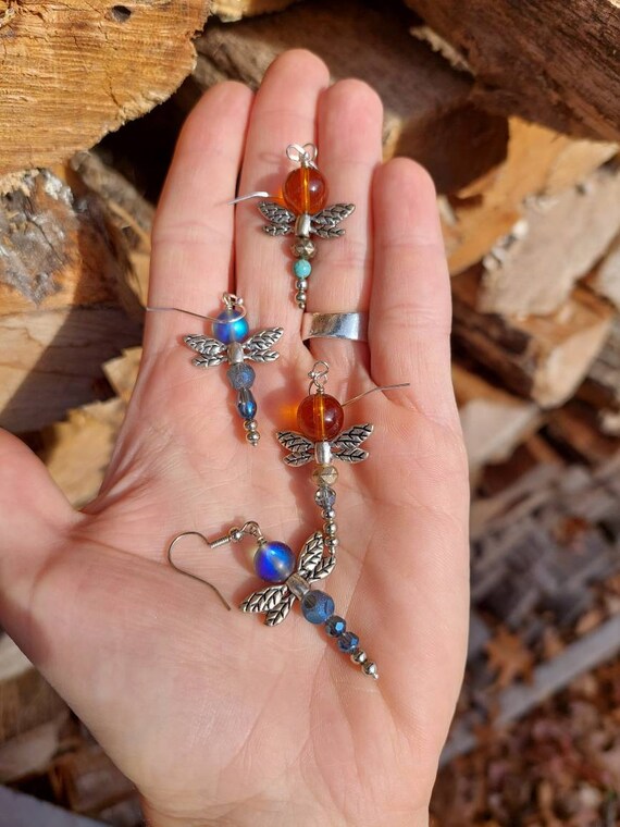 Outlander Fraser Blue Dragonfly Earrings Blue Beads Silver