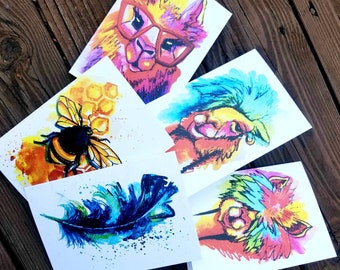 Colorful Art Notecards -- 5 Blank Greeting cards with Envelopes,  Birthday, Holiday, Thank You, Stationary, 3 Funky Llamas, Bee, Feather