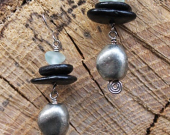 River Stone + Sea Glass Droplet Cairn Earrings - Great Smoky Mountains, River Rock, Rock Cairn Jewelry, Stacked Stone, Unique, Pebbles, Yoga