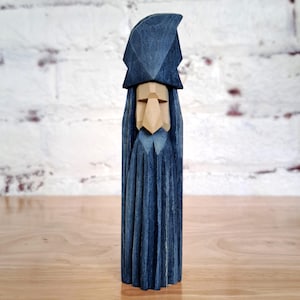 Blauer Zauberer Gnom Holzschnitzerei Kleine 15,5 cm Holzstatue