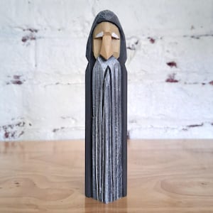 Grey Hooded Wizard Gnome Wooden Statue Fantasy Folk Art Figurine Small 6 Inches