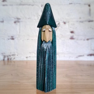 Green Wizard Gnome Wood Carving Small 6 Inch Wooden Statue