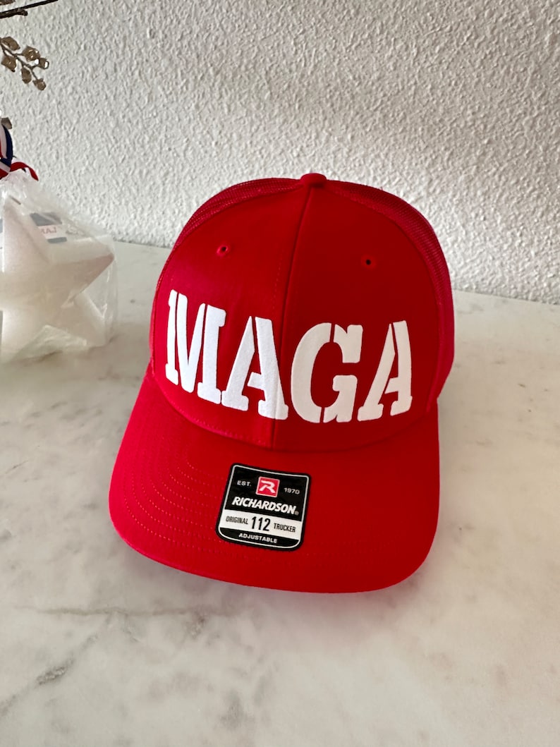 Custom Trucker Hat, MAGA, 112 Richardson Adult fitted Adjustable snapback, Custom Red Trucker Hat