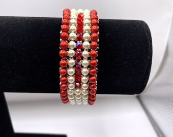 Red and ivory pearl beaded bracelet