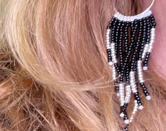 Black and silver seed bead tassel earrings