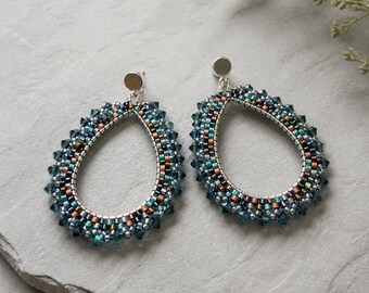Blue and teal brick stitch beaded earrings; handmade seed bead earrings; lightweight ocean inspired jewelry;