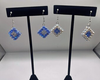 Blue and ivory diamond shaped dangle earrings - set of two