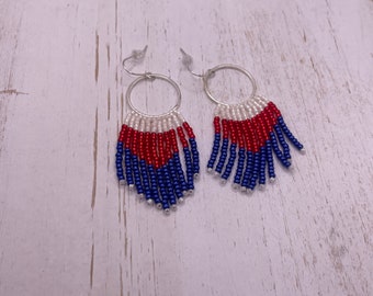 Red, white and blue tassel seed bead earrings