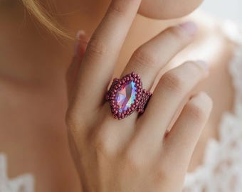 Pink bezeled Navette Ring; Marquis stone; Statment Ring