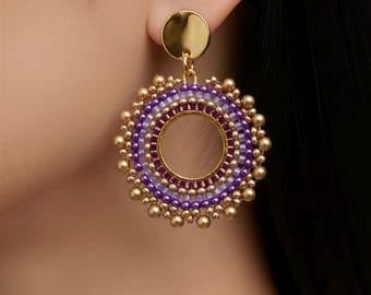 Purple and gold handwoven seed bead earrings