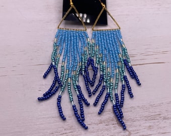 Women's blue and green beaded tassel earrings