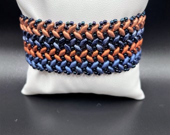 Bronze and blue hand-woven beaded bracelet cuff