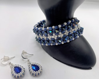 Blue and white bracelet and earring set