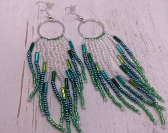 Women's green and white beachy seed bead earrings