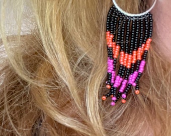 Black, pink and orange seed bead tassel earrings