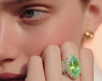 Green bezeled Navette ring; Marquise Stone; Statement Ring; gift for her