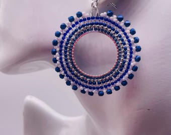 Blue and white beaded hoop earrings