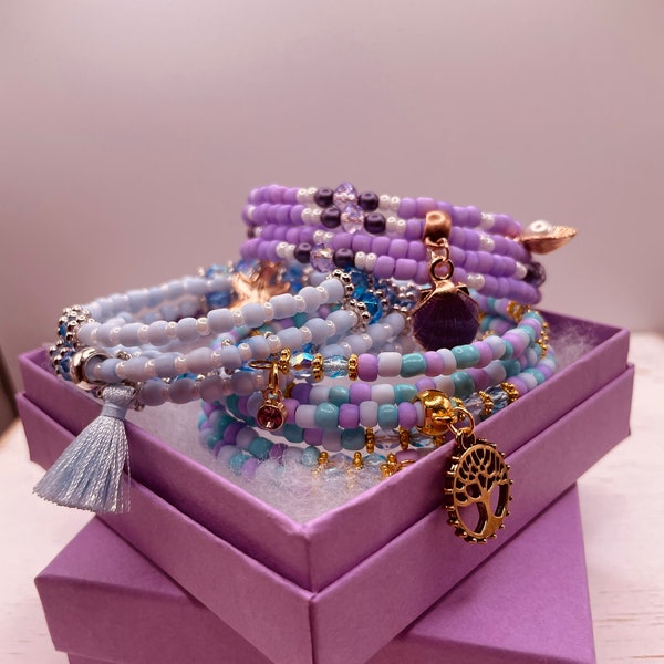 Women's spring and summer bracelet in either lavender, powder blue, or multi colored