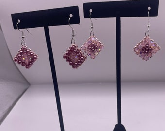 Pink and mauve beaded dangle earrings - set of two