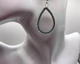 Green and ivory beaded teardrop hoop earrings