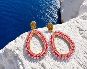 Coral peach brick stitch earrings; handmade seed bead earrings; bead woven dangle earrings;