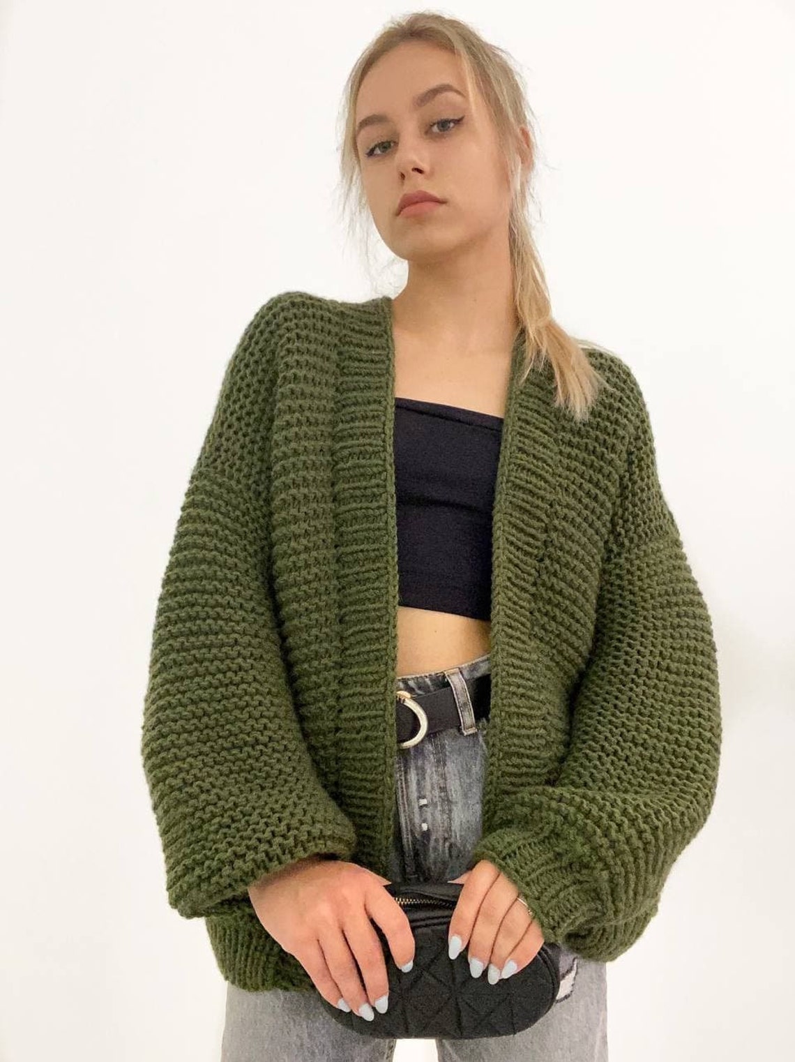 Oversized green cardigan Cozy chunky knit cardigan Women Etsy