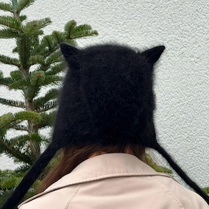 White Knit adult bonnet hat Winter Angora cat ear bonnet for adult Mohair cat ear bonnet off white Knitted hood with ties Beanie wool hat