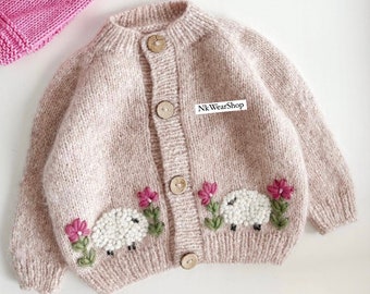 Cardigan en tricot Pull en alpaga gris Cardigan en laine pour enfants Cardigan unisexe pour enfants Pull en tricot fait main Cardigan à broderies Cardigan en tricot à la main