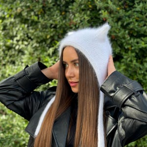 Kitty hat White Knit adult bonnet hat Winter Angora cat ear bonnet for adult cat ear bonnet off white Knitted hood with ties Beanie  women