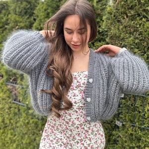 Knit mohair cardigan Mohair bolero Wedding Cardigan Wool fluffy cape Bridal jackets grey mohair cable knit sweater Short mohair cardigan