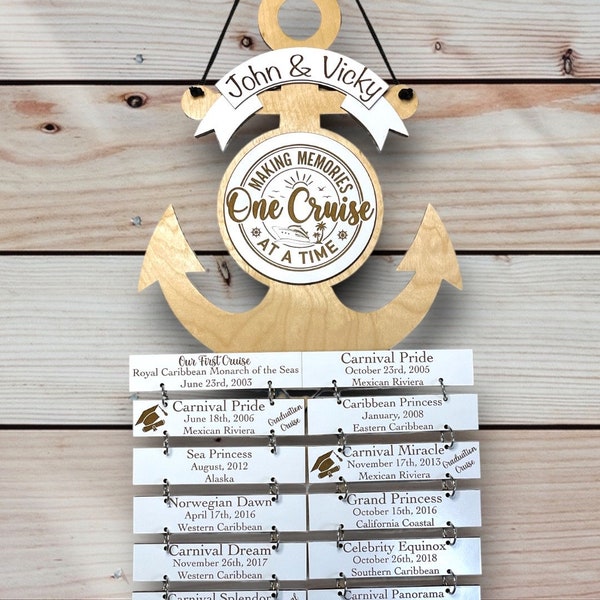 May include: Wooden anchor-shaped wall decor with the names "John & Vicky" at the top. The anchor features a circular emblem that reads "Making Memories One Cruise At A Time." Below are several white tags with cruise details.