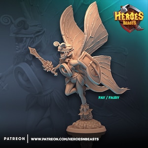May include: A miniature figurine of a fairy warrior with wings, holding a sword and shield. The fairy is wearing a helmet and armour, and has a flowing skirt. The figurine is painted in a light brown colour and is standing on a base.
