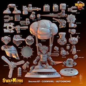 Może przedstawiać: Trójwymiarowa miniatura robota z głową w kształcie koła zębatego, balonem na gorące powietrze i wieloma wymiennymi częściami. Miniatura jest częścią kolekcji Swap Minis i nazywa się Cogwhirl - Autognome. Miniatura ma 35 mm wysokości.