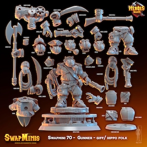 Swapmini 70-  Gunner Stonehoof- giff/ hippo folk-  ( digital stl file for 3d printing ) D&D Dungeons and Dragons Tabletop Gaming  miniatures
