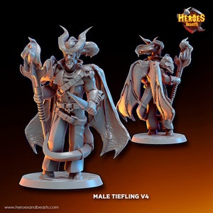 May include: A gray 3D printed miniature of a male tiefling character holding a staff with a flame at the top. The character is wearing a cloak and has horns and wings. The miniature is on a round base. The text "MALE TIEFLING V4" is printed below the base.