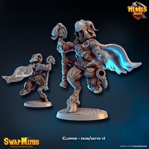 May include: A 3D printed miniature of a clopper faun/satyr with a staff, a cape, and a gun. The miniature is painted in a light gray color. The miniature is part of the Heroes Beasts collection.