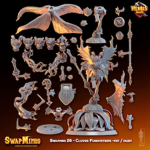 May include: A 3D printed miniature of a fairy with wings, a staff, and a flower crown. The miniature is part of a set of modular magnetic miniatures called "Swap Minis". The miniature is painted in a light grey colour. The text "SWAPMINI 26 - CLOVER FUNNYSTRIPE -FAY / FAIRY" is visible in the image.