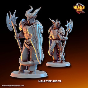 Puede incluir: Una miniatura gris de un guerrero tiefling masculino impreso en 3D con cuernos, sosteniendo un hacha con púas y un escudo. La miniatura está de pie sobre una base redonda. El texto "MALE TIEFLING V2" está impreso debajo de la miniatura.