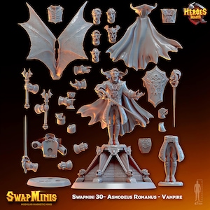 Puede incluir: Una figura en miniatura de plástico gris de un vampiro con una capa, alas y una espada. La figura está de pie sobre una plataforma con una base. La figura forma parte de un conjunto de miniaturas magnéticas modulares llamadas "Swap Minis". La figura mide 47 mm de alto.