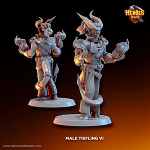May include: A gray 3D printed miniature of a male tiefling with horns, a tail, and flames. The miniature is standing on a round base. The text "MALE TIEFLING V1" is printed below the base.