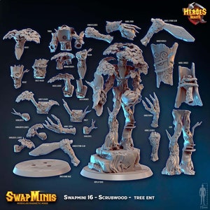 May include: A 3D printed model kit of a tree ent, called "Scrubwood", for a tabletop role-playing game. The kit includes multiple pieces that can be assembled to create a detailed miniature. The pieces are labeled with names like "Head", "Chest", "Legs", and "Hands". The kit is part of the "Swap Minis" line of modular magnetic miniatures.