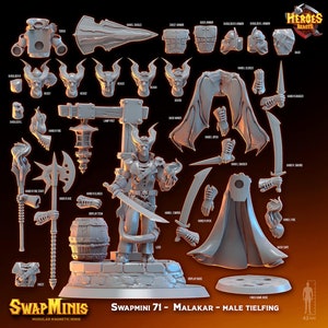 Puede incluir: Una figura miniatura impresa en 3D de un tieflín masculino con cuernos, una espada y una capa. La figura se ensambla a partir de varias partes, incluyendo un torso, brazos, piernas, cabeza y accesorios. La figura está diseñada para usarse con un juego de rol de mesa. La figura mide 43 mm de alto. SWAPMINI 71 - MALAKAR - MALE TIELFING