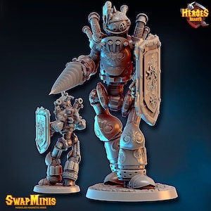 May include: Two grey, metallic, robot figures with gears and pipes. The larger robot holds a shield and a drill. The smaller robot holds a shield. Both robots are standing on circular bases. The text "Heroes Beasts" is in the top right corner of the image.