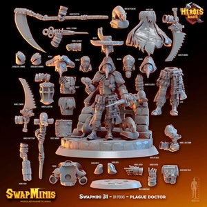 Può includere: Una miniatura stampata in 3D di un Dottore della Peste, un personaggio del gioco Heroes' Beasts. La miniatura è composta da più parti, tra cui una testa, un corpo, gambe, braccia e accessori. La miniatura è dipinta di grigio ed è pronta per essere assemblata e dipinta.