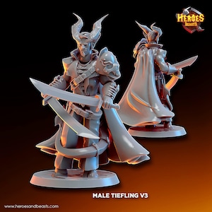 Puede incluir: Una miniatura gris de un tieflín masculino con cuernos, que lleva una capa larga y sostiene dos espadas. La miniatura está de pie sobre una base redonda. El texto "MALE TIEFLING V3" está impreso debajo de la base.